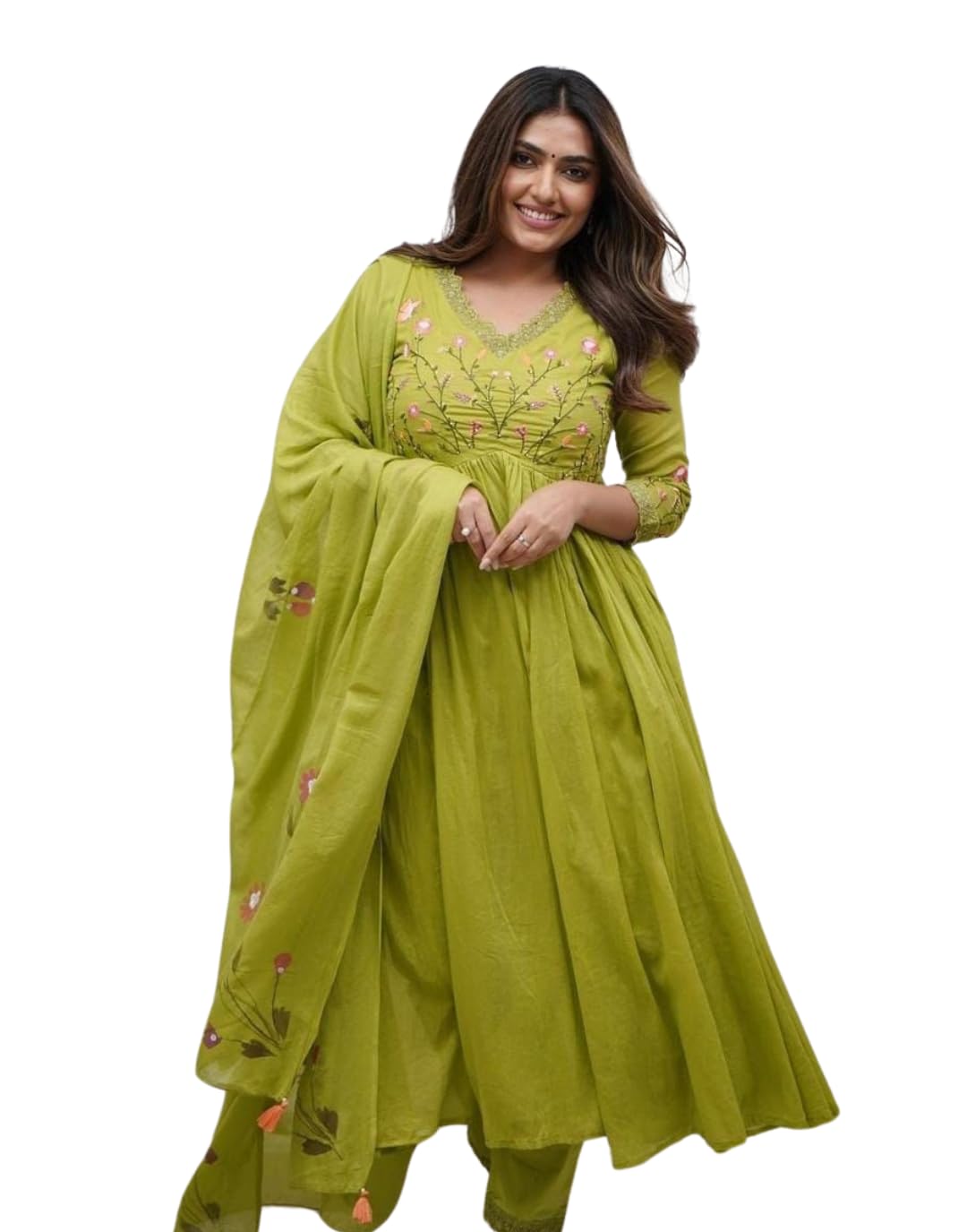divyalok global services Women's Cotton Embroidered Long Anarkali Kurti with Pant and Dupatta Set-picture-10