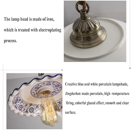 Miniatura 7 de MARURY Lámpara colgante de techo, luz colgante de porcelana azul y blanca, lámpara clásica de cerámica pequeña ajustable para cocina, isla,