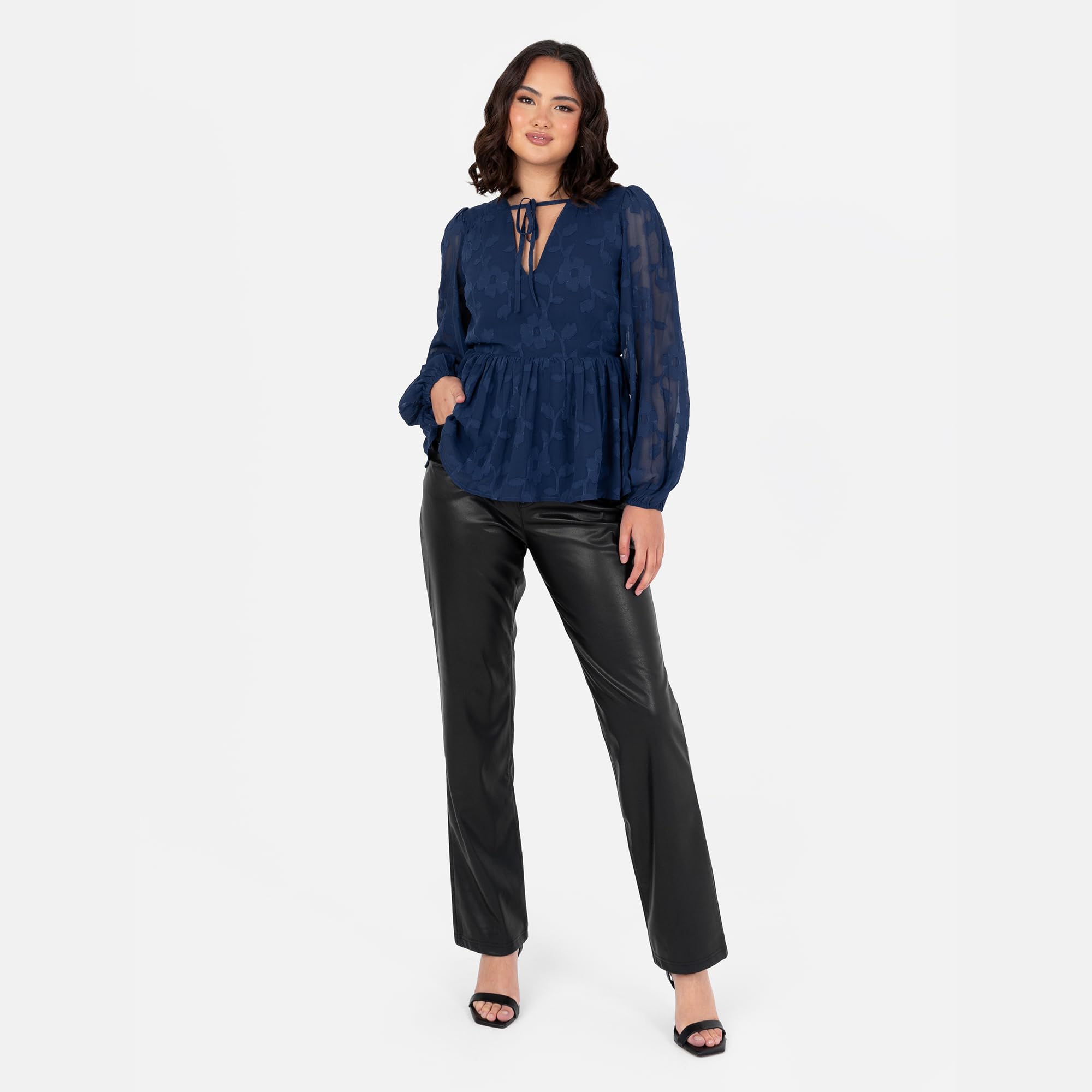 Lovedrobe Women's Floral Top Ladies Blouse Long Balloon Sleeve V-Neckline Peplum Chiffon Tie Front Smart Casual Office Wear Blouse Femme (Lot de 1)
