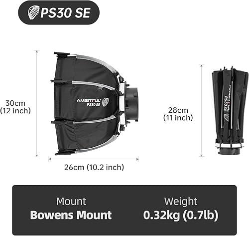 Miniatura 8 de AMBITFUL Mini Softbox de 11.8 pulgadas de liberación rápida y plegado, soporte Bowens con soporte de luz rápida, compatible con luz de video LED COB