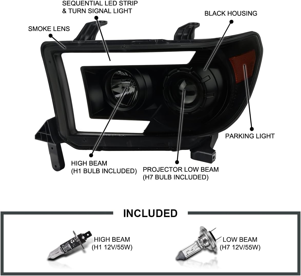 SPEC-D TUNING Black Smoke Projector Headlights w/Switchback Sequential LED Turn Signal Compatible with 2007-2013 Toyota Tundra, 2008-2017 Toyota Sequoia, Left + Right Pair Headlamps Assembly