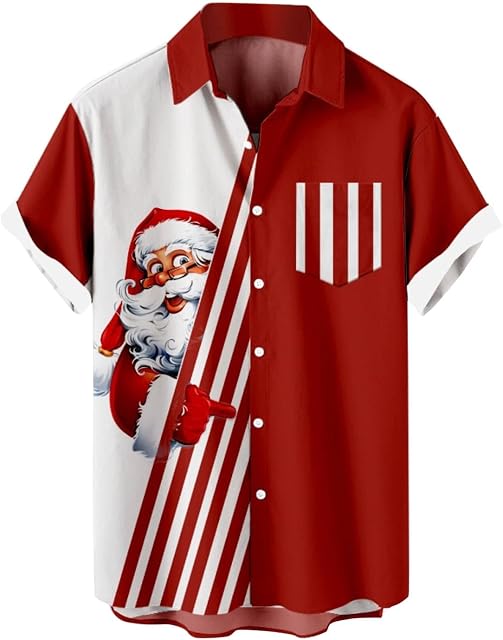 Christmas Tshirts Shirts for Men Regular Fit Button Up Funky Party Aloha Shirts Santa Print Hawaiian Shirt Tops