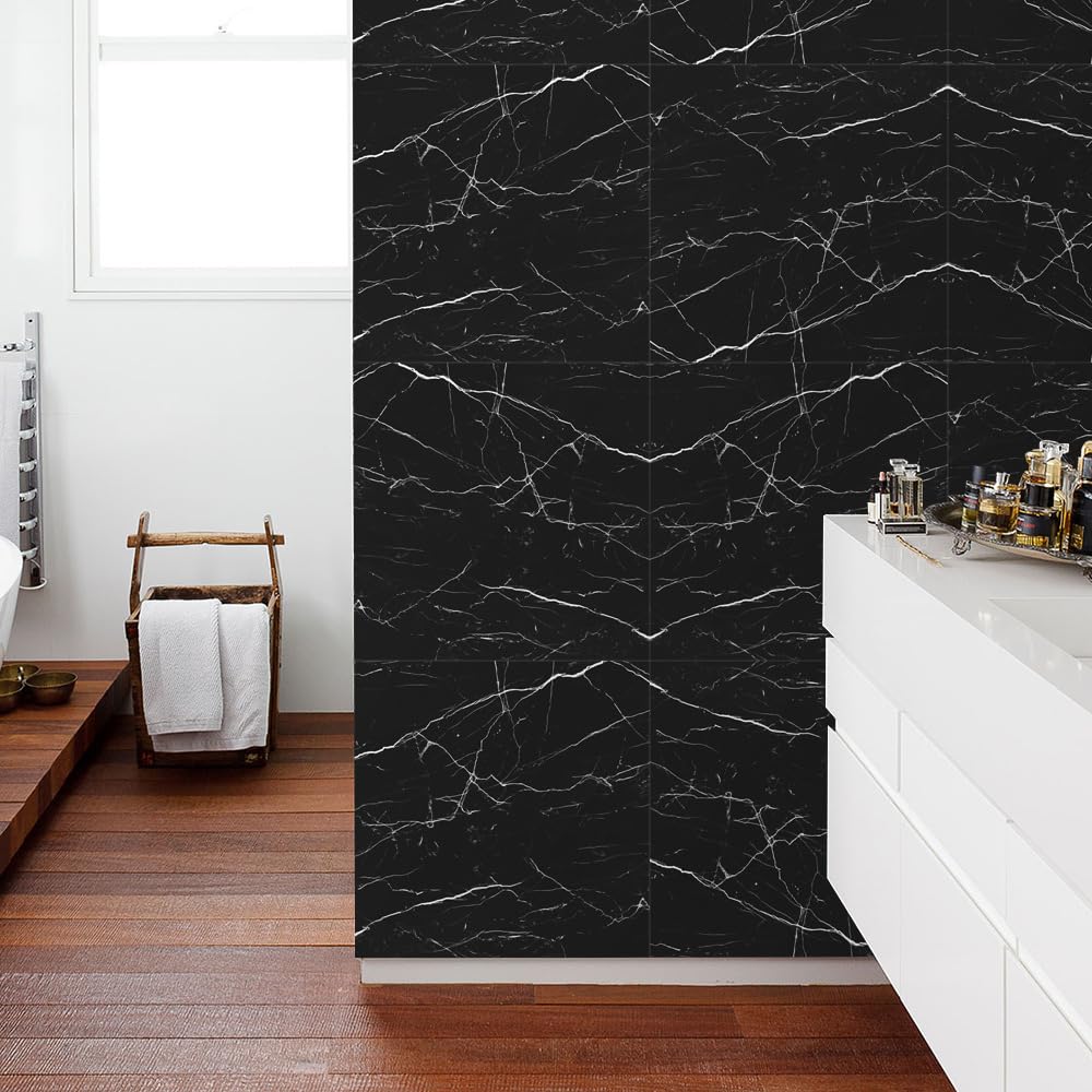 LMYSXAOZ Tile Stickers Stick on Tiles, Self Adhesive Wall Tiles for Kitchen Bathroom, Oil Proof Peel and DIY Floor Simple Marble 30x30cm (8PCS,Black Marble)
