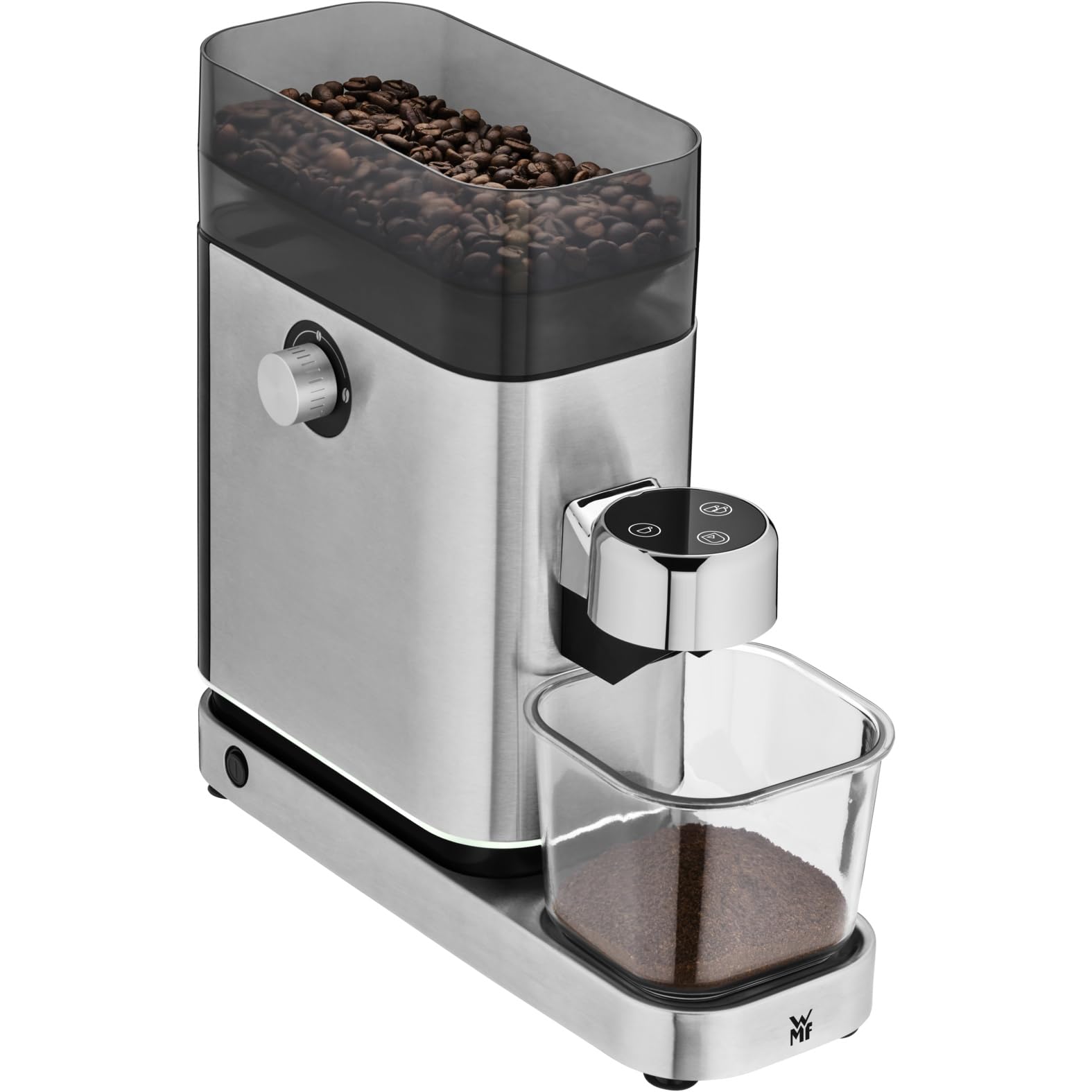 WMF Lumero elektryczny młynek do espresso 150 W, przyciski dotykowe LED, 40 stopni mielenia, pojemnik na kawę, stal nierdzewna Cromargan matowa