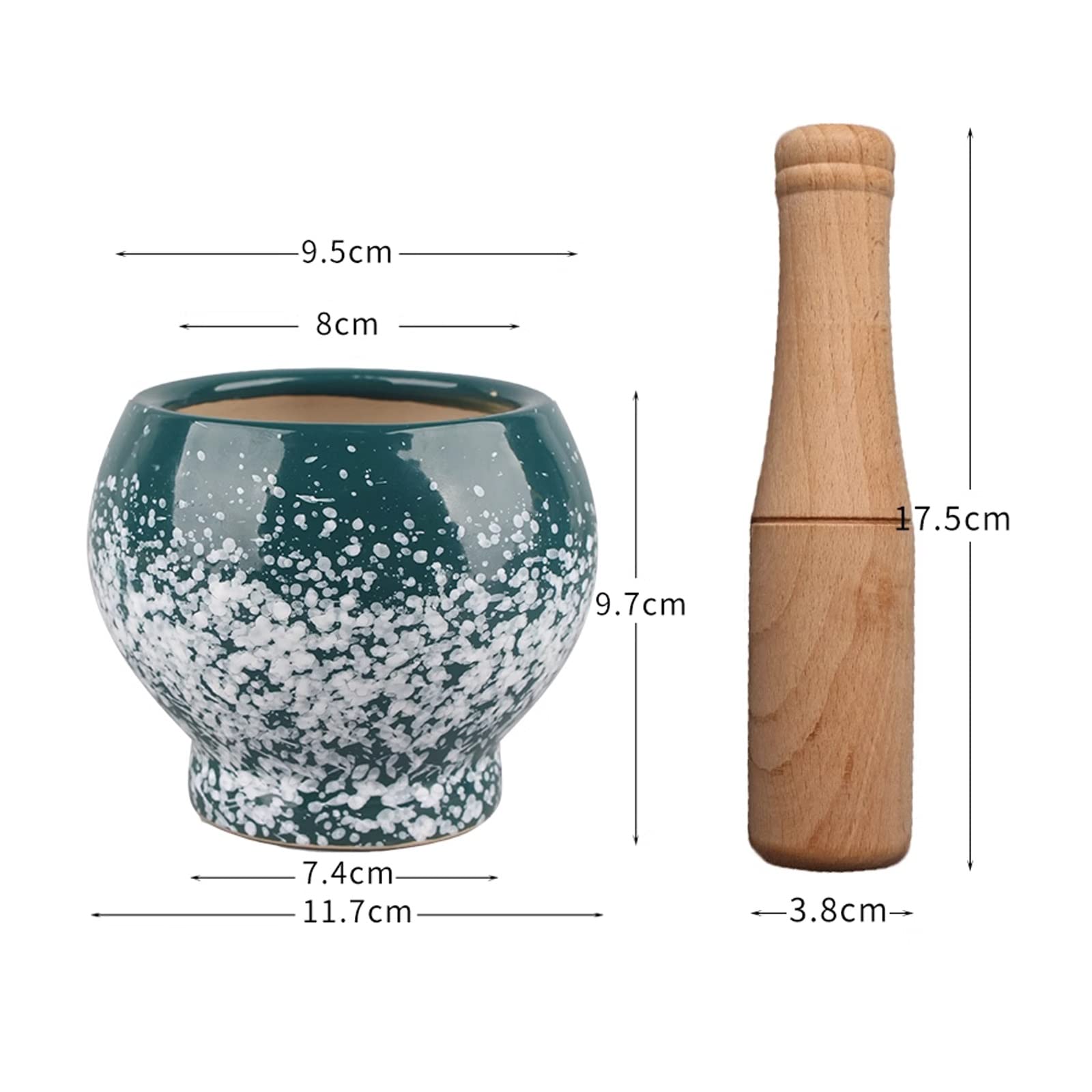 Juego de mortero y mortero de cerámica verde con mortero de madera, porcelana con acabado decorativo de puntos blancos