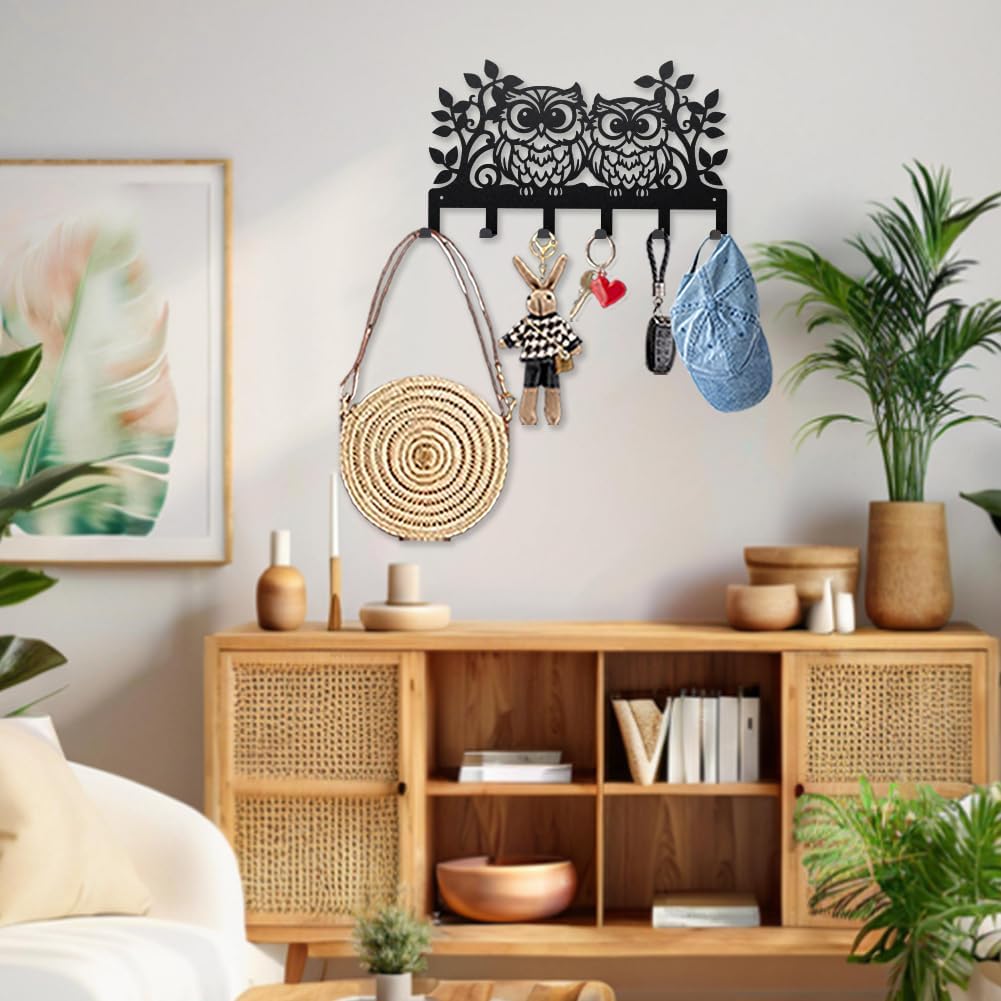 MAYJOYDIY Cartoon Owls Metal Key Hook Leaves Branches Coat Rack Wall Mounted 15.7×9.1inch Art Wall Decor Key Holder Organizer Rack with 6 Hooks for Gift Coats Hats Towels Bags Hanging
