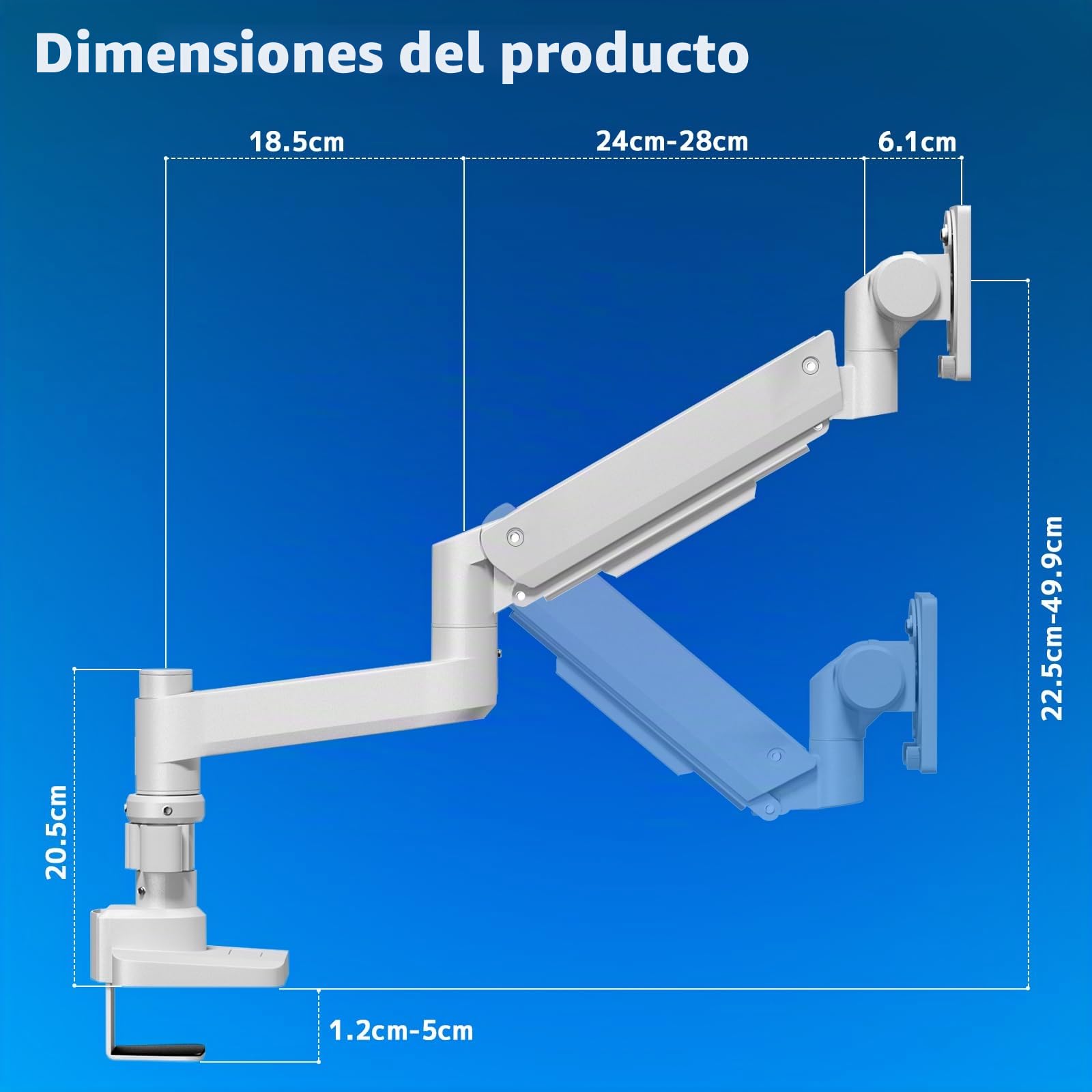 Soporte de Monitor para Pantalla Plana y Curvada de 17 – 57 Pulgadas, Muelle de Gas, Altura Ajustable, inclinable, Capacidad de Peso de 2 – 20 kg por,VESA 75/100 mm,Blanco