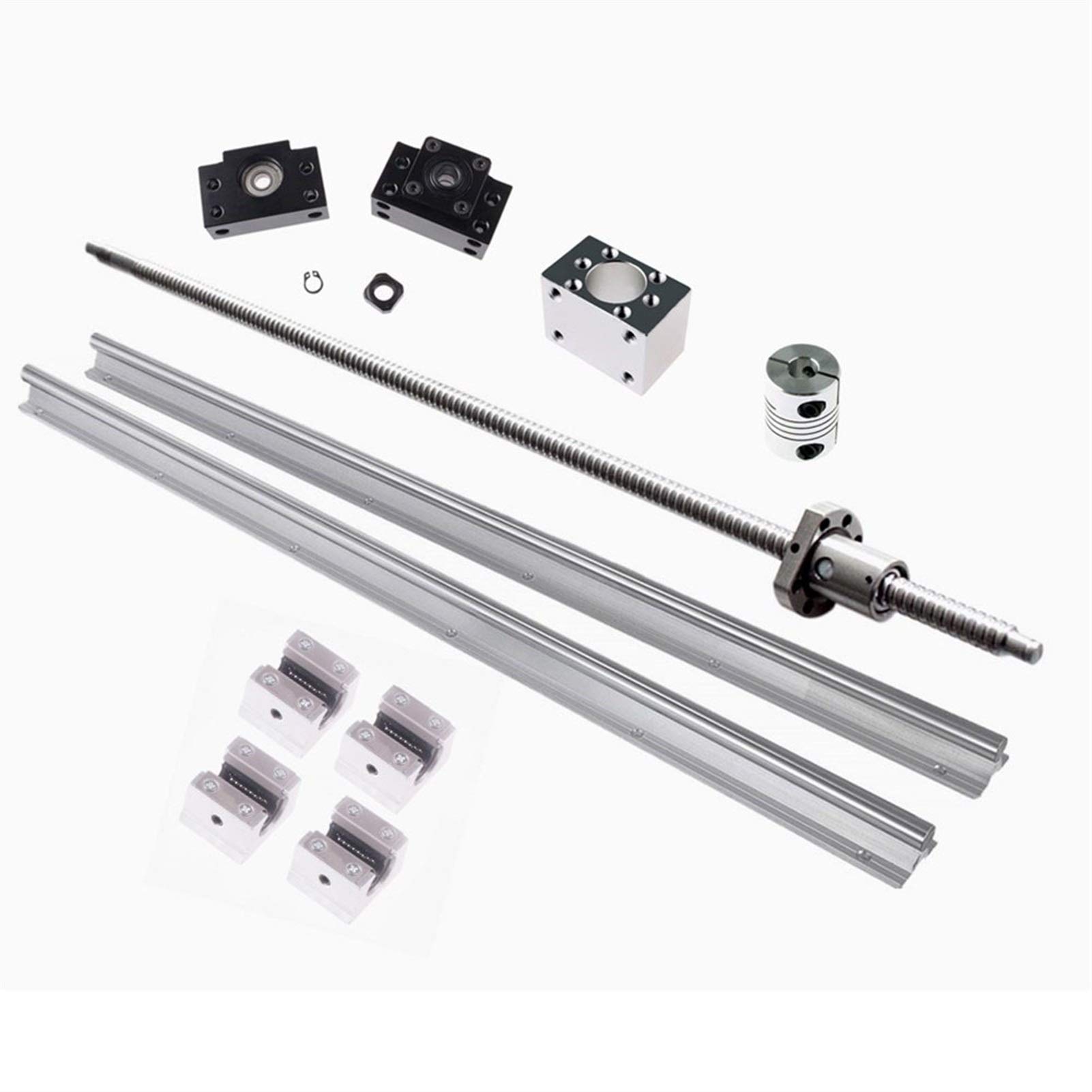 Riel lineal profesional (2 unidades SBR16 + 4 rodamientos de bloque SBR16UU + extremo husillo bolas mecanizado SFU1204 + carcasa tuerca 1204 + soporte BKBF10 + juego acopladores)(SFU600 SBR600)