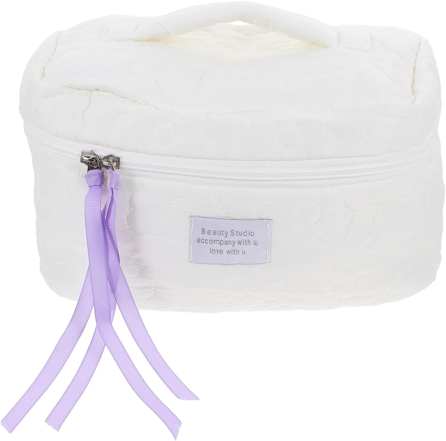 Flower Quilting Cloth Makeup Bag Travel Toiletry Bag with Handle Organizer for Women Girls (White)