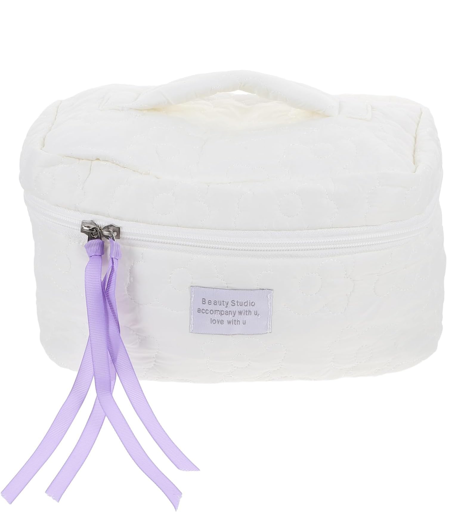 House of Quirk Flower Quilting Cloth Makeup Bag Travel Toiletry Bag with Handle Organizer for Women Girls (White)