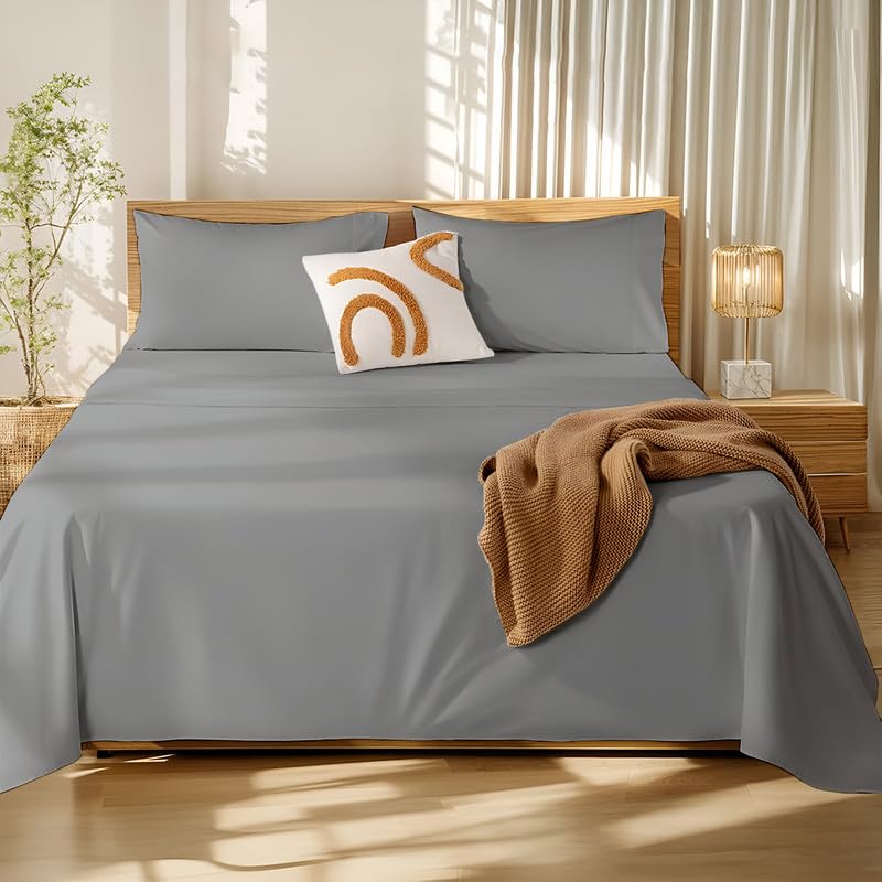 Image of Microfiber Double Bed Sheet - Solid Color, Ultra-Soft Bedsheet for Bedroom, Lightweight Plain Bedsheet for Double Bed 90x100 Inch, Silver Grey