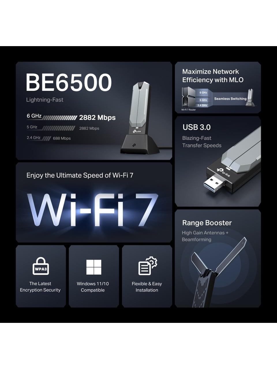 TP-Link Archer TBE400UH BE6500 WiFi 7 Dongle Adaptador WiFi USB de alta ganancia para PC, antena de alta ganancia, Tri-Band, MLO, WiFi Dongle para PC, USB WiFi Dongle 3.0, Win, OFDMA, MU-MIMO, Plug
