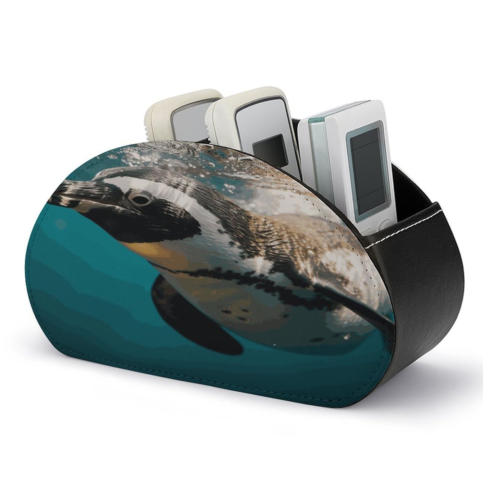 JTREHY Penguin Swimming in The Ocean Remote Control Holder 5 Compartments Remote Caddy Tray PU Leather TV Remoter Storage Box Bedside Table Storage Organizer Office Desk Storage Case