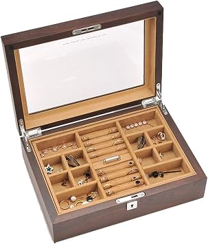 Jewelry Box Solid Wood Jewelry Storage Box Visualized High Transmissive Glass Lid Double-Layer with Lock Handmade Organizer Box Color Brown