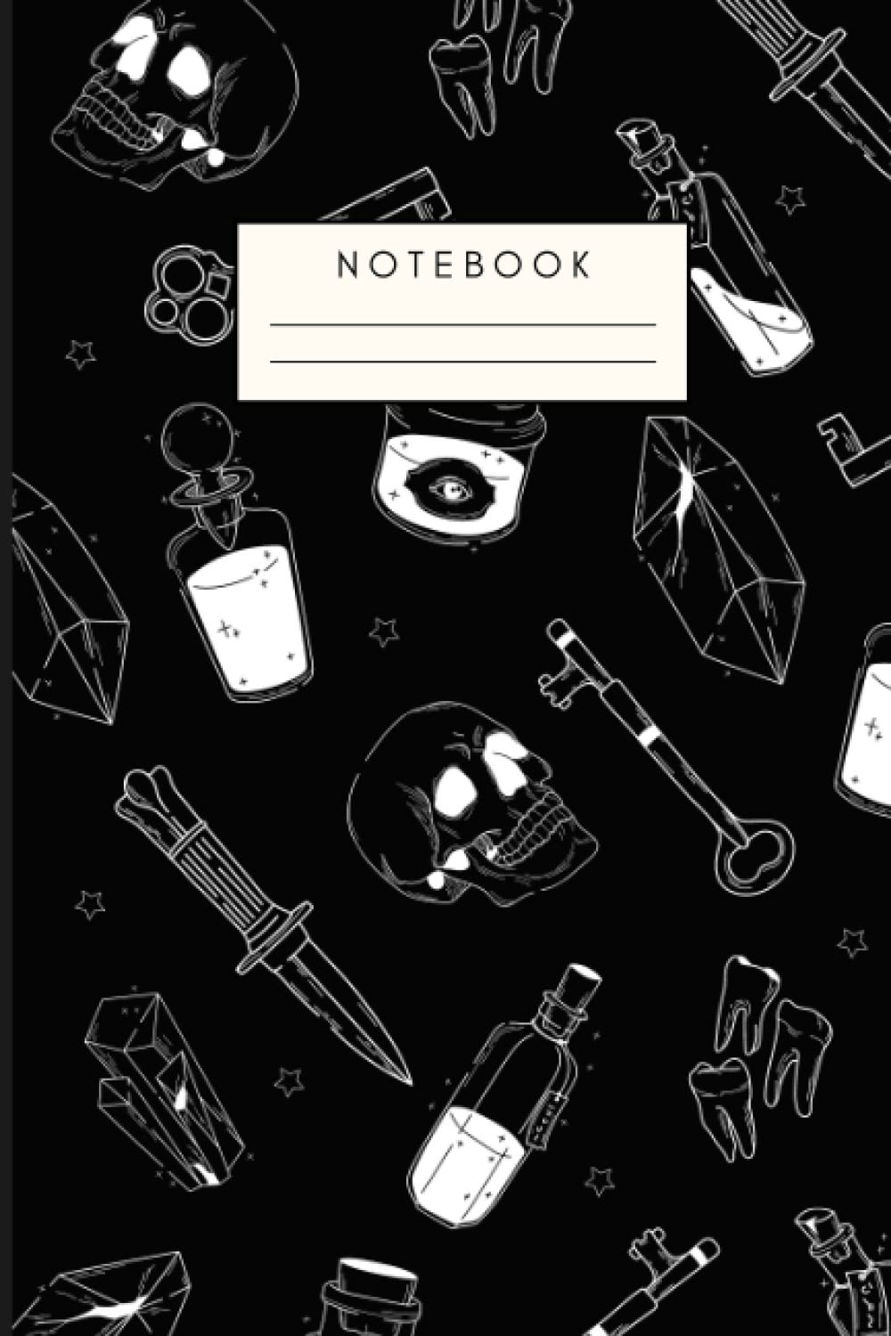 Witchy Notebook: Potions, Skulls, Crystals - Black Magical Wizard Pattern Notebook, Journal, Diary for Spells | 120 Blank Lined Pages