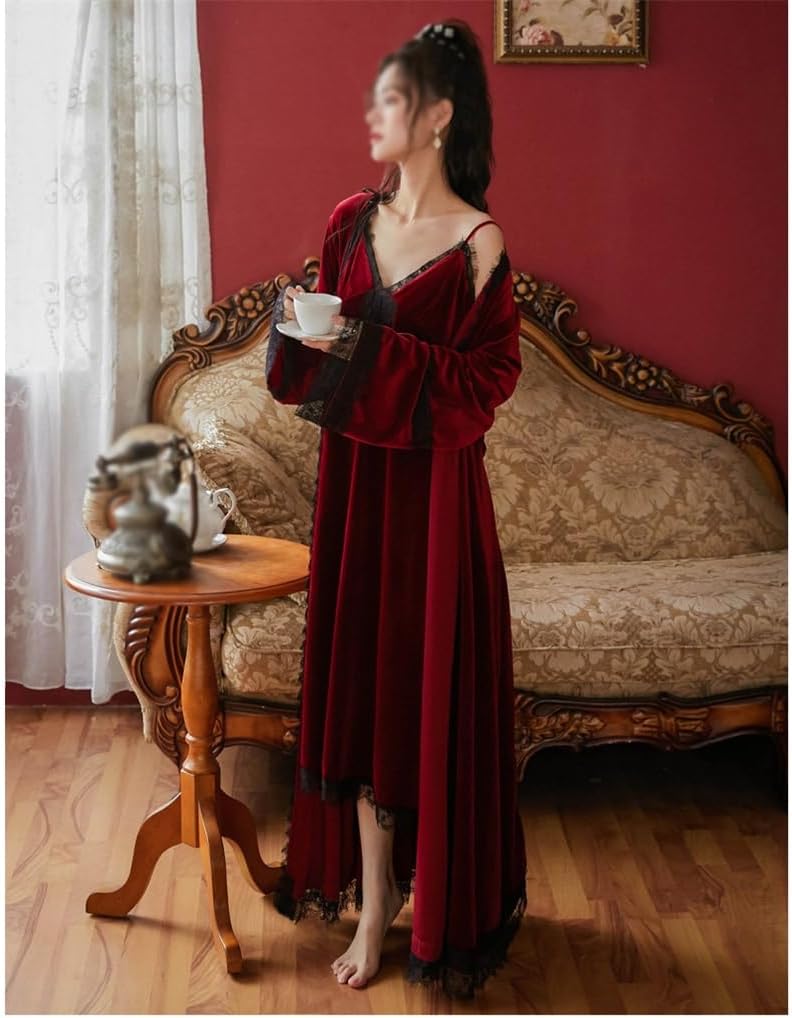 JSEIAJB Pajamas Long Sleeved Women's Winter Long Pajama Dress Home Wear Golden Velvet Pajama Set(Medium)