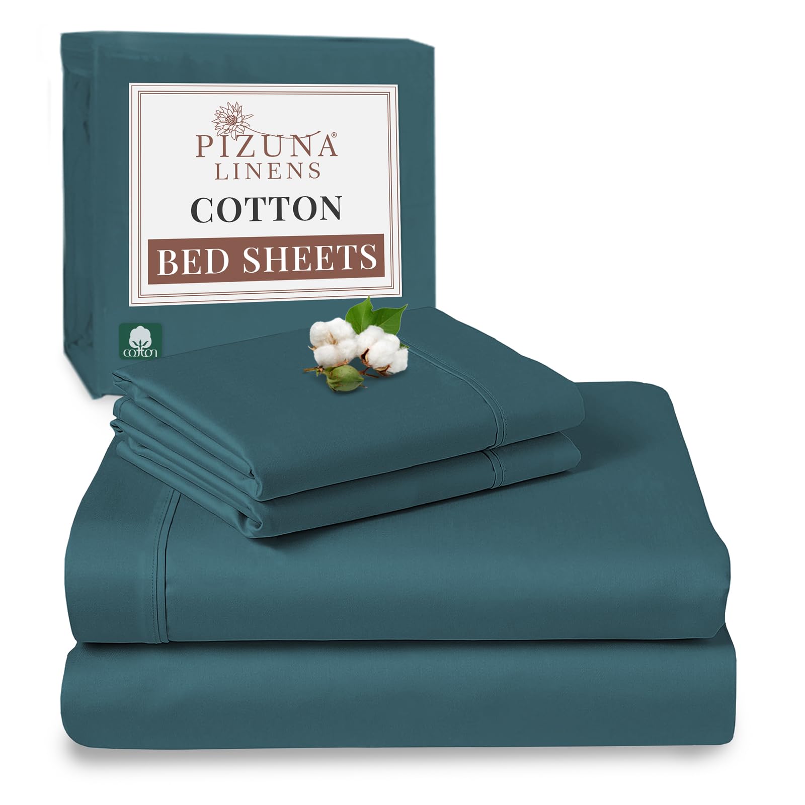 Pizuna Peacock Blue 100% Cotton Double Bed Sheet Set 400 Thead Count Long Staple Cotton Bedding Set 230X280 Cm, Soft Sateen 4 Pc Double Bed Sheet Set - Fitted Sheet, Flat Sheet & 2 Pillowcases