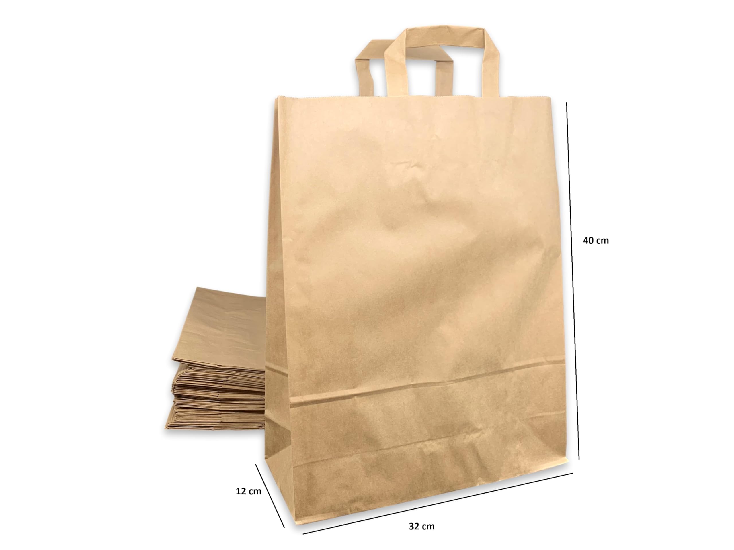 Sac Papier 100 Pièces - Poignée Renforcée Marron 16 Litres - 40 cm Haut x 32 Large x 12 cm Soufflet - Cabas Boutique Solide Résistant pour Vente à Emporter, Magasin, Commerce, Cadeau et Emballage