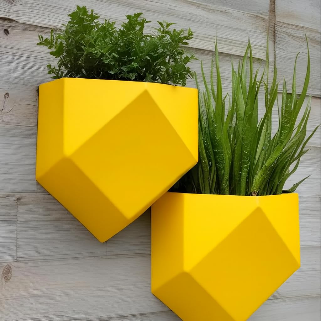 Modern Geometric Low Poly Wall Hanging Planter for Outdoor Use (Pack of One or Two) (2, Yellow, Small+ - 17.5x17x10)