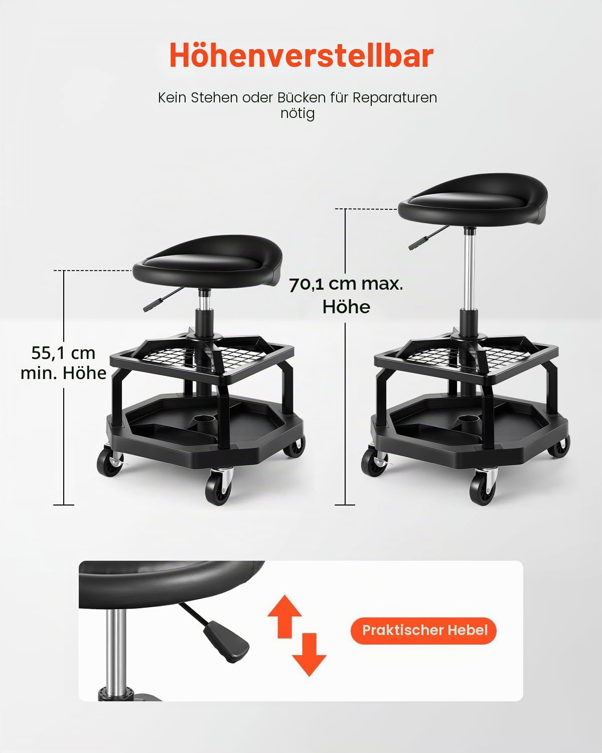 VEVOR rollbarer Werkstatthocker Werkstattsitz pneumatischer Garagensitz mit 136 kg Tragkraft, höhenverstellbarer Rollbrettsitz 360° drehbarer & gepolsterter Werkstattstuhl für Garage Werkstatt