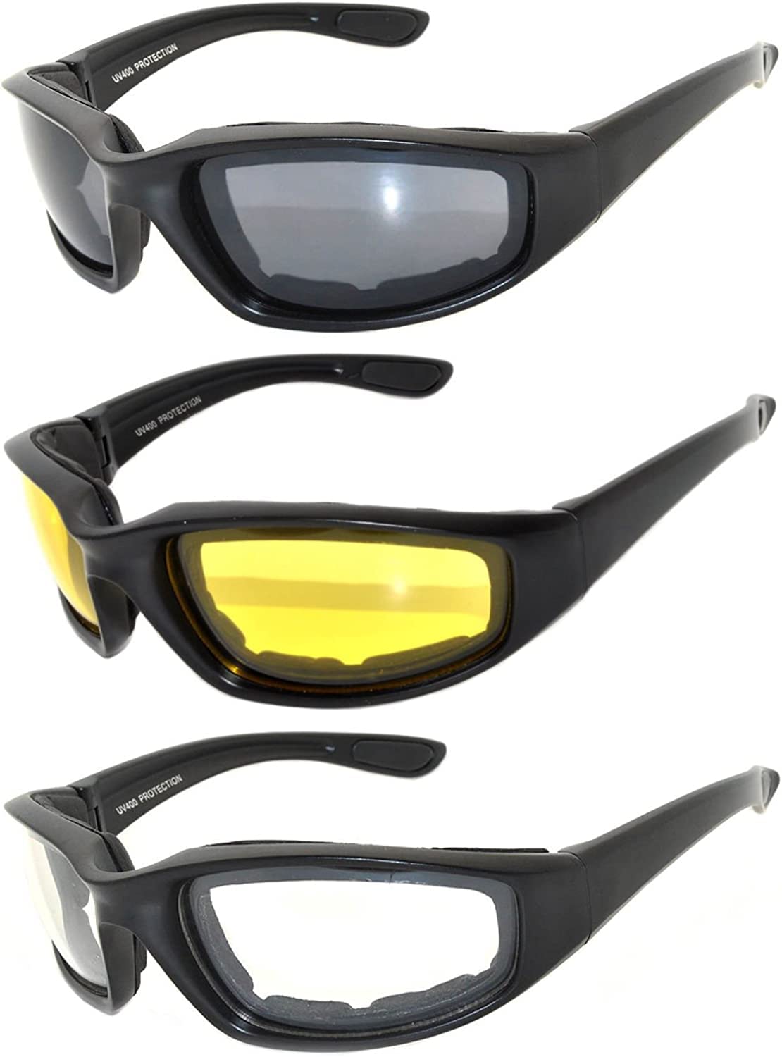 OWL 3 Pack Motorcycle Riding Glasses, Padded Sport Sunglasses, Assorted Colors for Men and Women