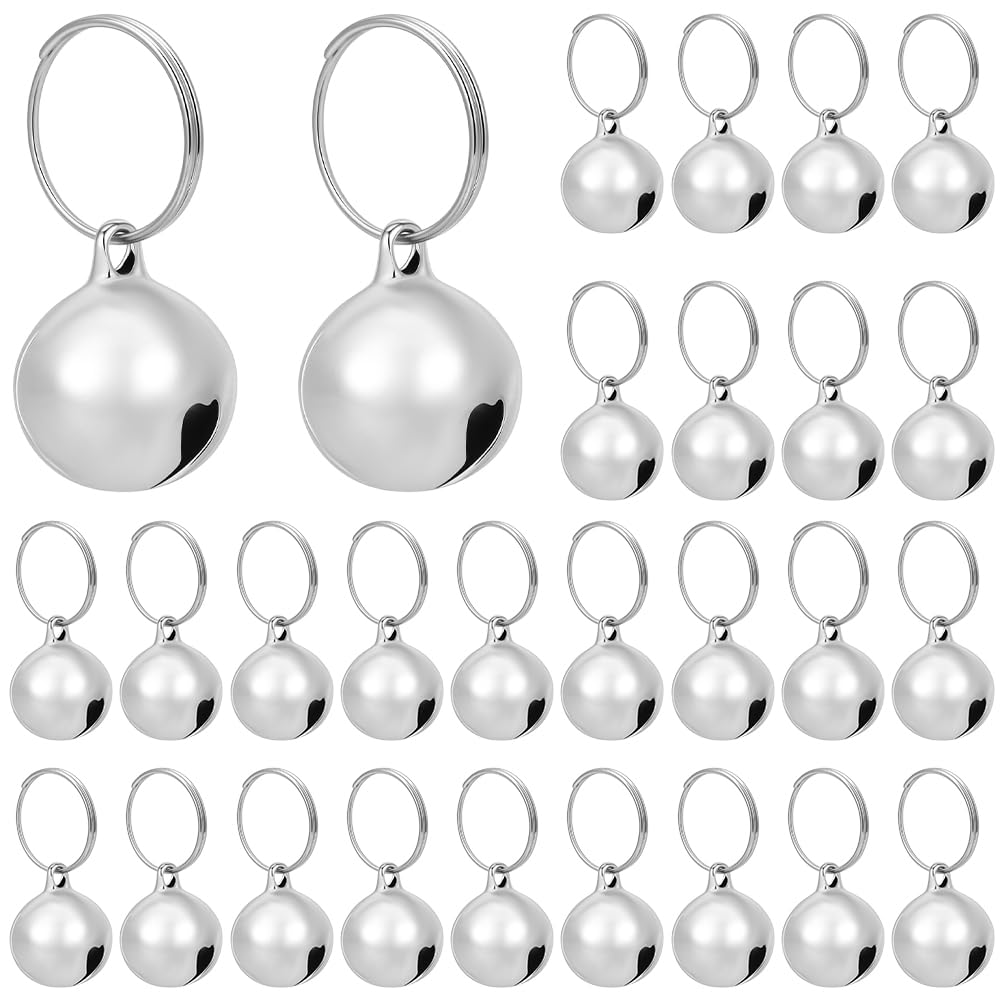 BEAMARKER 24Pcs Cat Bells Decoration Dog Collar Bells Anti-Lost Training Jingle Tracker Puppy Kitten Collar Charm Pet Pendant Accessories with Hanging Keyrings for Small Dog Cat Keychain Silver 29mm