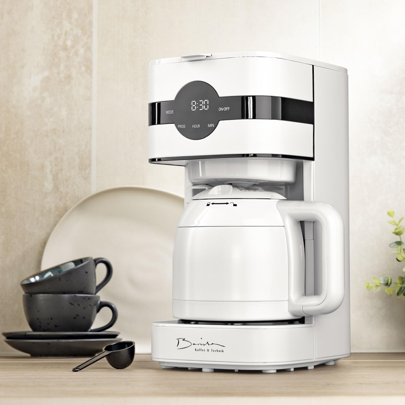 Barista Cafetera de filtro con jarra térmica, máquina de filtro con pantalla táctil y función de temporizador, cafetera con filtro permanente y 900 W, depósito de agua de 1,25 litros para 8 tazas de