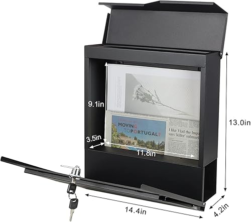 Miniatura 4 de Decaller Buzones montados en la pared con cerradura de llave, buzón grande de metal, 13 "x 13 35" x 4 15", negro