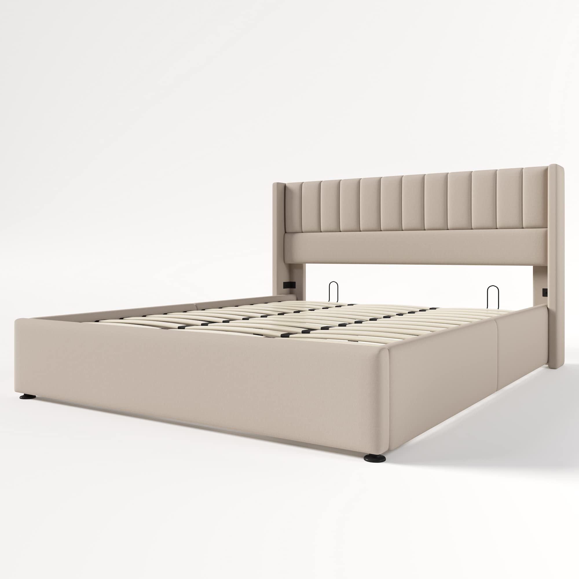 Merax Polsterbett 180 x 200cm, Hydraulisch Doppelbett mit Lattenrost & Bettkasten, Stauraumbett mit Kopfteil, Metallrahmen, Leinen, für Erwachsene & Jugendliche, ohne Matratze, Beige-Streifen
