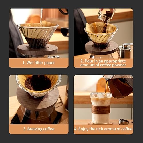 Miniatura 5 de Kit profesional de cafetera de vidrio para verter sobre café, cafetera en forma de V de 21.1 onzas líquidas con mango de nogal y filtros de 100 V20,