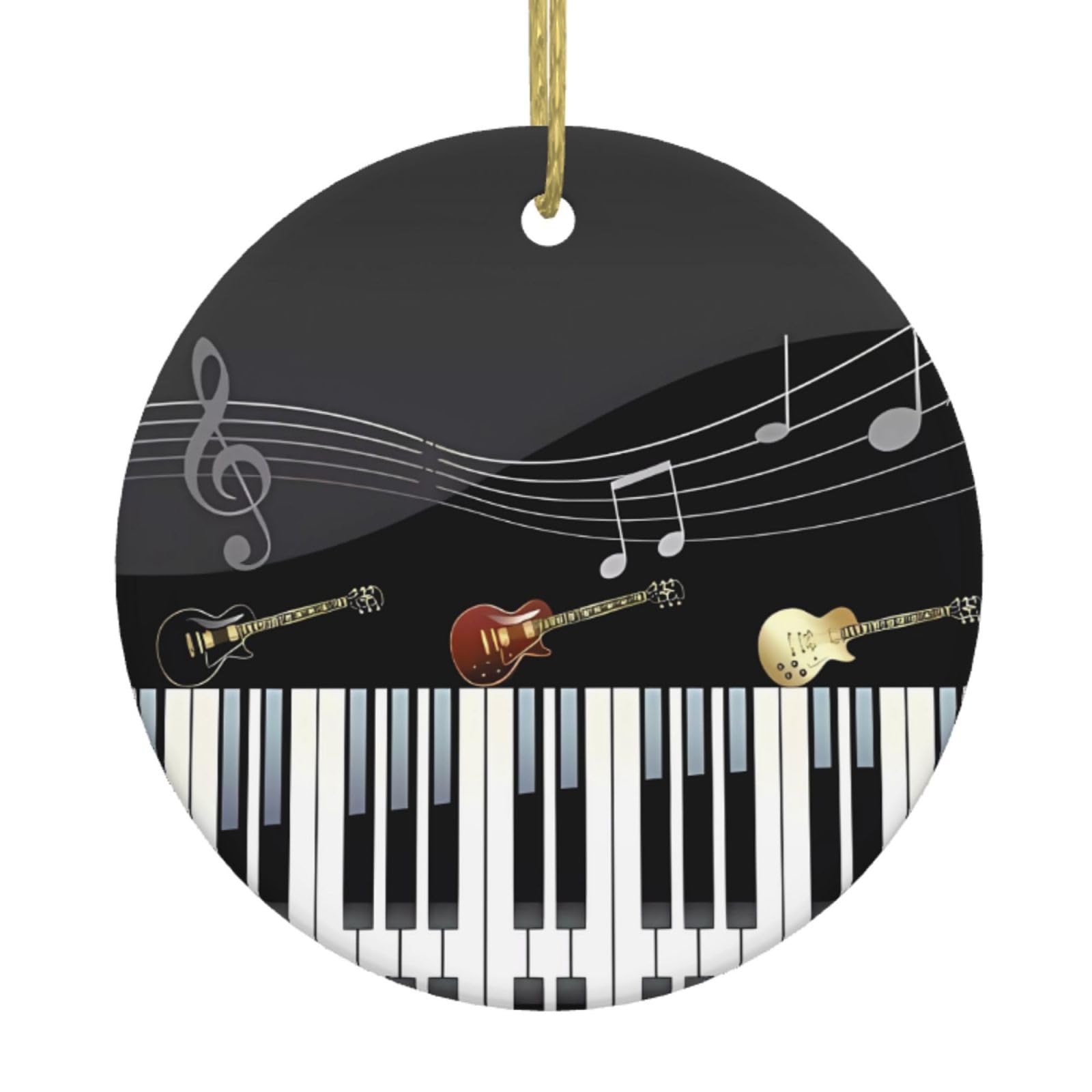 Jaoxer White Guitar Piano Pattern Ceramic Christmas Tree Ornament - Festive Round Hanging Décor For Xmas, Holidays, Weddings & More
