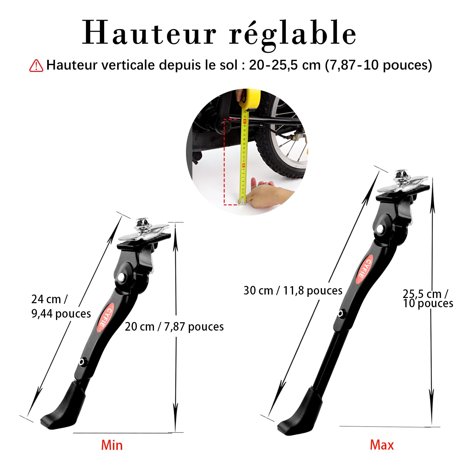 CYFIE Béquilles vélo 16-20 Pouces Hauteur Réglable et Béquille Latérale Universelle, Support de Vélo Durable fabriqué en Alliage d'aluminium, Support Central pour vélo de Montagne