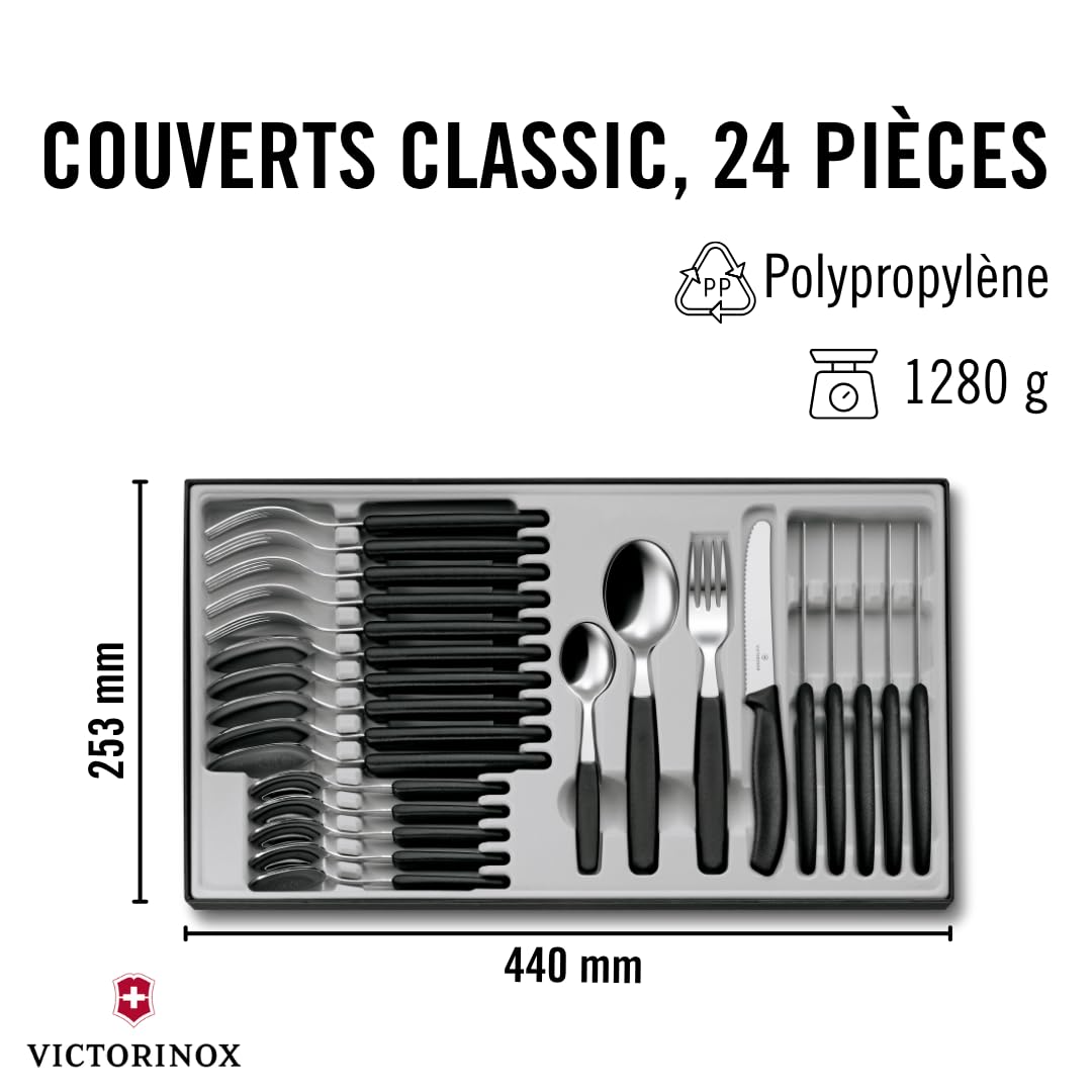 Victorinox Classic, Couverts de table professionnels, 24 pièces, Lame extra-tranchante, Taille crantée, 11 cm, Acier inoxydable, noir