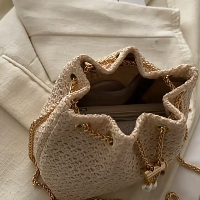 Borsa In Paglia Intrecciata A Mano Donna - Pochette Tracolla Beige Con Manico E Coulisse - Perfetta Per Spiaggia Ed Estate - 3