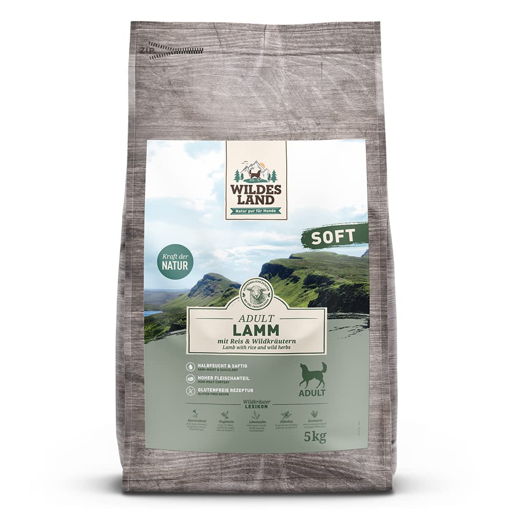 Wildes Land Halbfeuchtes Trockenfutter für Hunde Nr. 1 Lamm 5 kg | Mit Reis und Wildkräutern, Glutenfrei, Extra viel Fleisch, Für alle Hunderassen