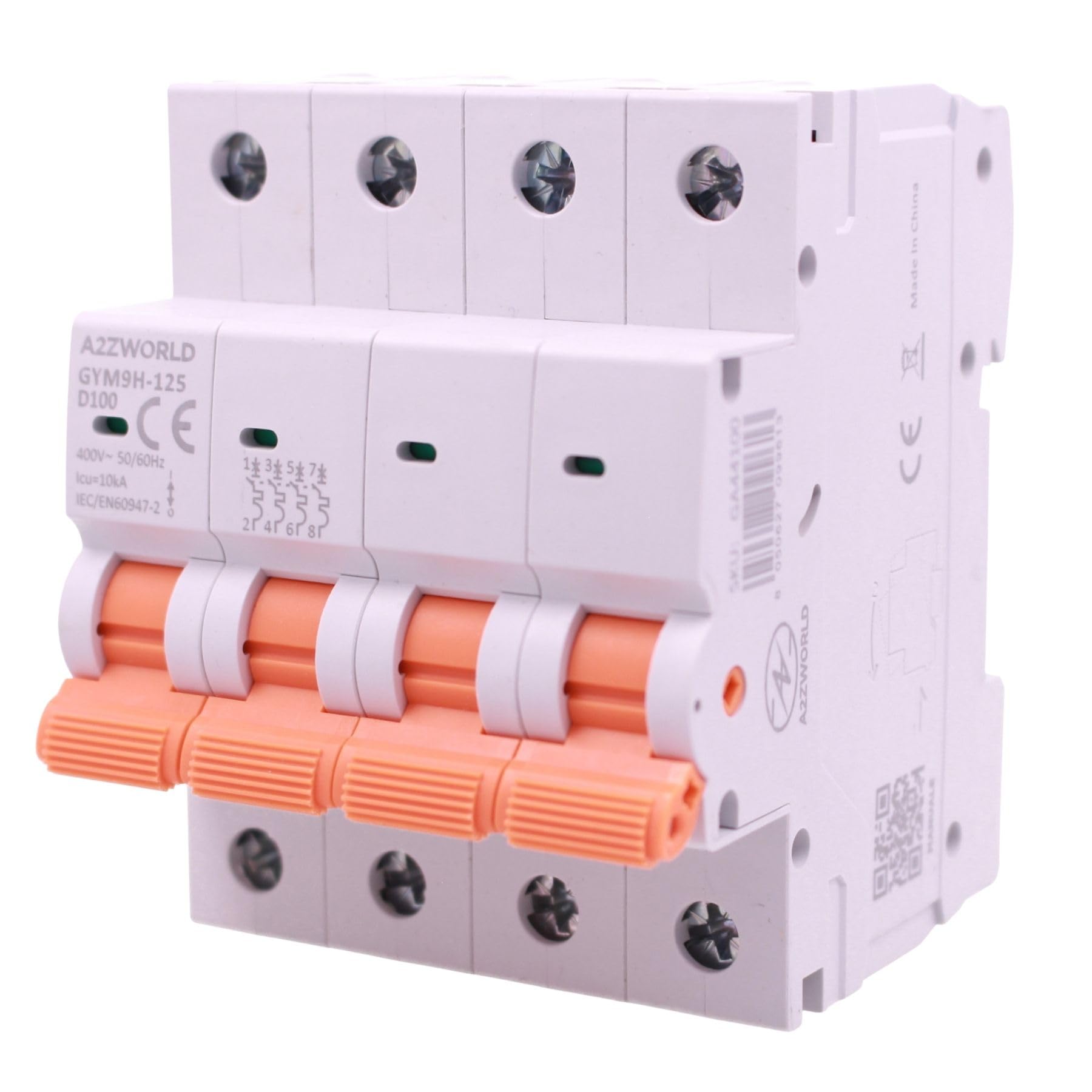 4 interruptores magnetotérmicos trifásicos 4P 100 A D100, curva D 10 kA, 4 módulos DIN 380 V AC, certificado IEC60898-1, serie GYM9H-125 profesional