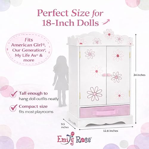 Miniatura 5 de Armario grande de 18 pulgadas, se adapta a las muñecas American Girl de 18 pulgadas, diseño floral con perchas de madera incluidas