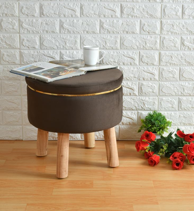 Image of Premium Velvet Round Ottoman Stool Cover - Stretch Ottoman Slipcover for Vanity & Footstool - Washable, East to Remove & Fits in 16-Inch Diameter, 8 Inch Box Height, Coffee