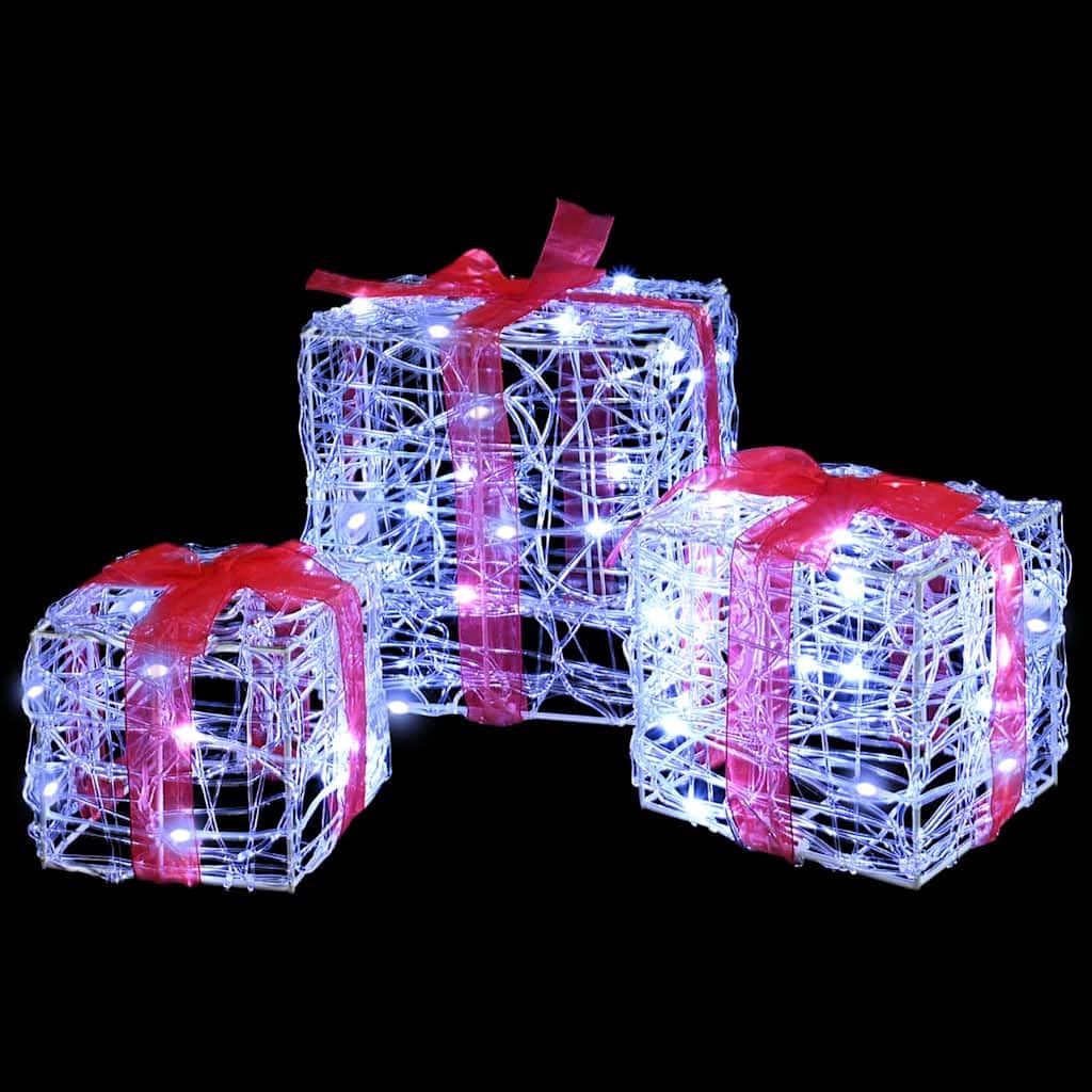 Pudełko na prezent z 60 diodami LED, zimna biel, zestaw 3 szt., akryl, 20 x 20 x 20 cm, dekoracja bożonarodzeniowa z pilotem zdalnego sterowania, do świątecznego oświetlenia i eleganckiej