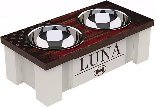 GTW Elevated Dog Bowl Stand for Very Small Dogs - Customized Feeding Station with Storage & Stainless Steel Food Bowls X-Small, Flag Design
