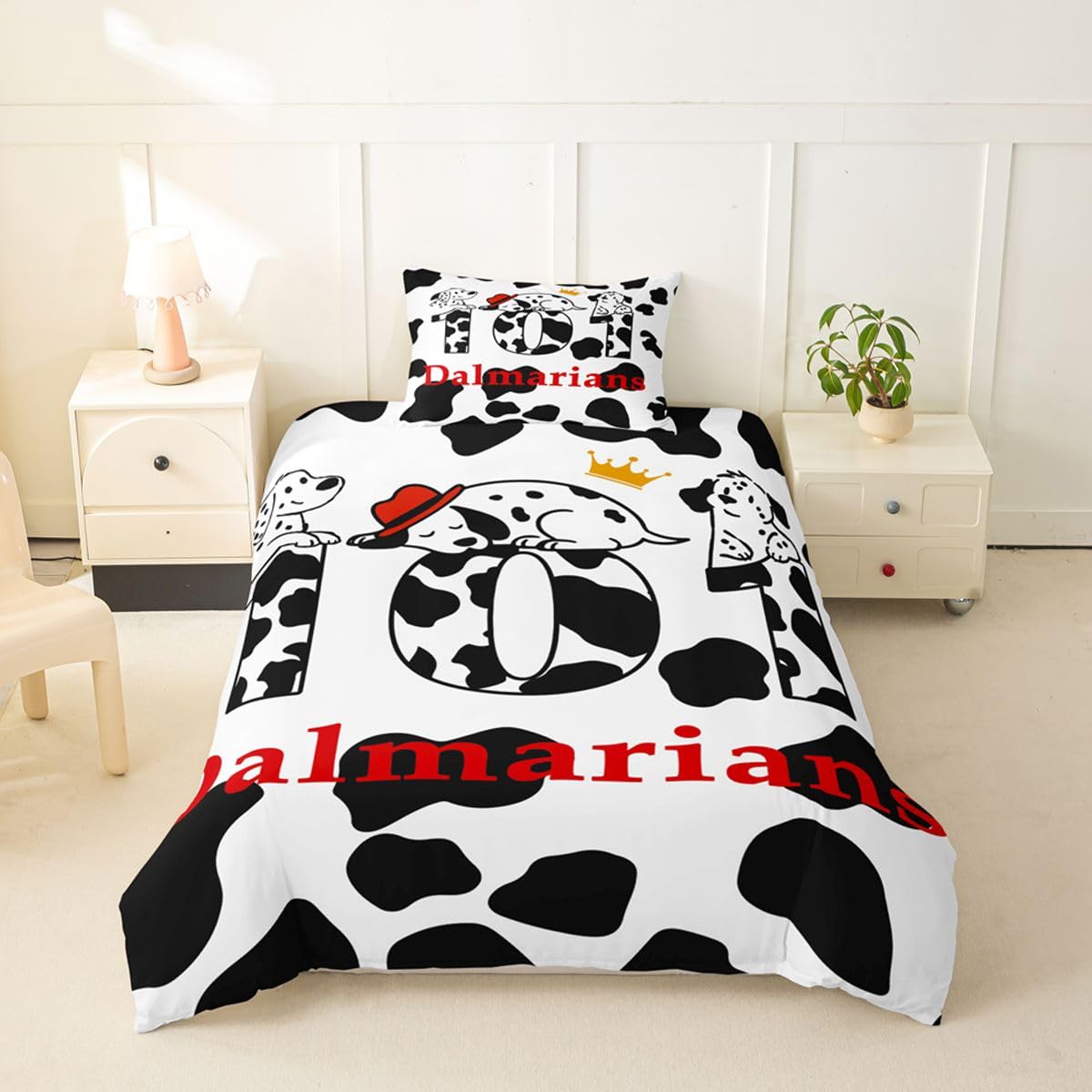 Juego de Funda de edredón para niños, diseño de Animales dálmatas, tamaño Individual, Color Negro, Blanco, para Mascotas, Patas de Perro, Reversible, Adorable