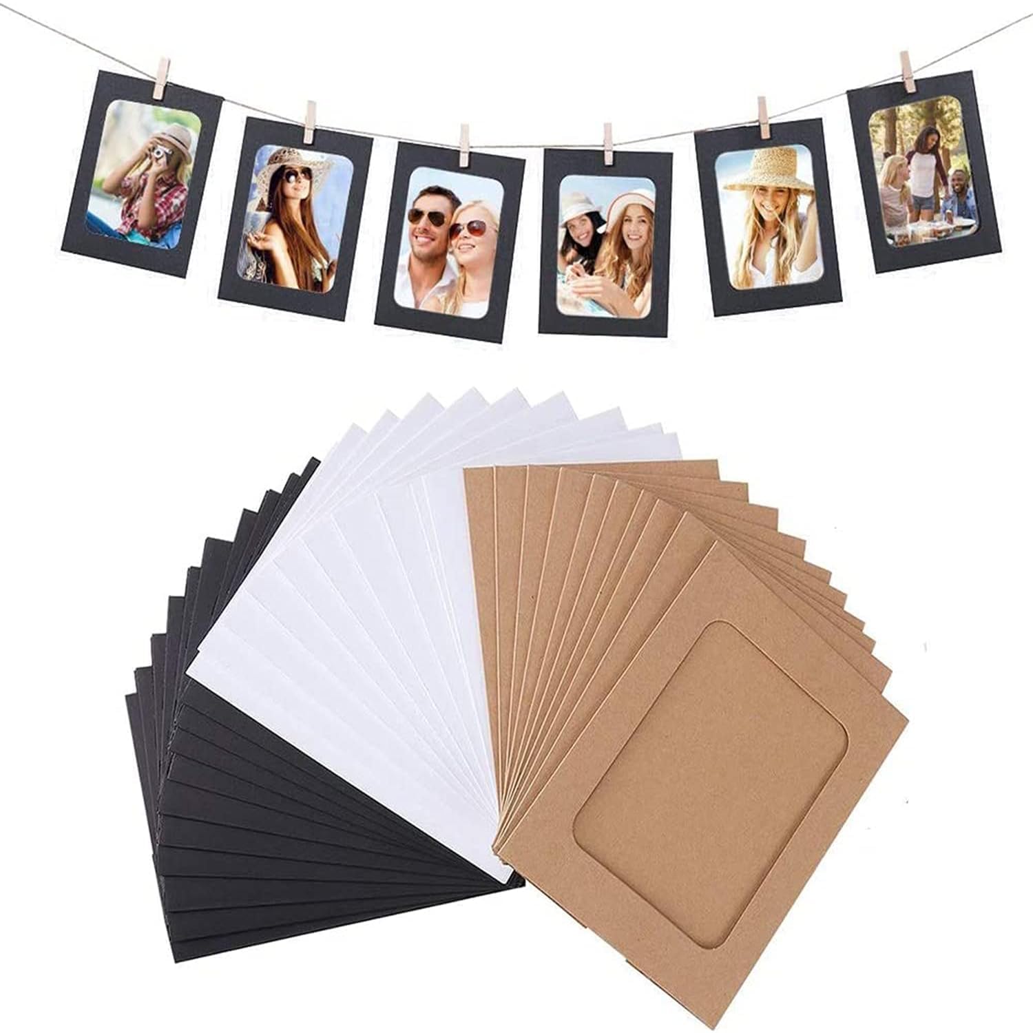 X spring Paper Picture Frames, 30 Pack Wall Hanging Paper Photo Frames with Mini Wooden Clips and String, Cardboard Picture Frames, Cardstock Photo Frames, Paper Frames for Home Room Wall Decor DIY