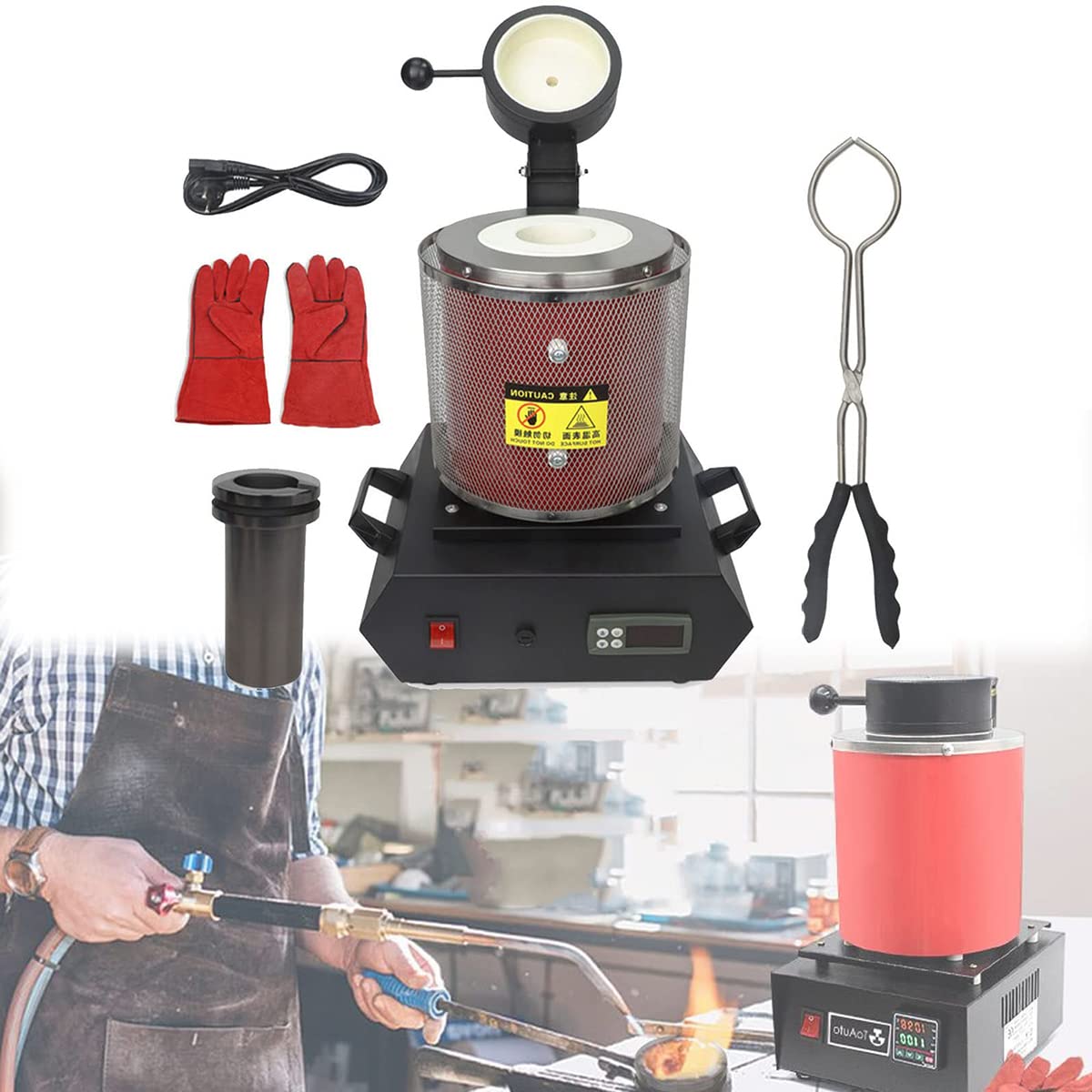 Forno di fusione dei metalli, forno di fusione per colata di raffinazione per fusione di metalli Raffinazione Fusione Riciclaggio di oro Rame Argento Ottone Alluminio Bronzo, capacità 1/2/3 kg, Uno