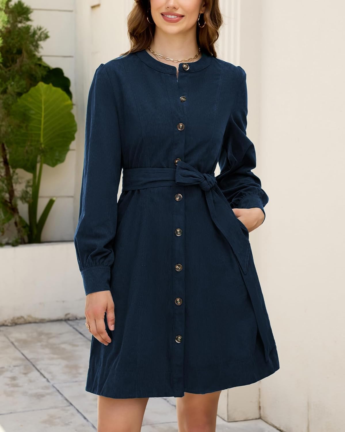 Women's Corduroy Long Sleeve Mini Dress Crew Neck Button Down Tunic Dress with Belt - Image 2