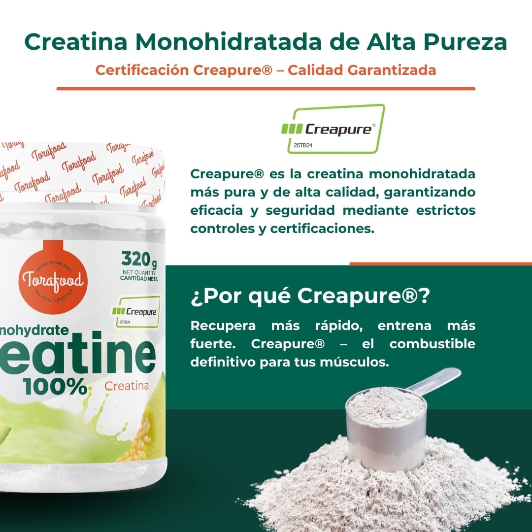 Creatina Monohidrato Creapure en Polvo | 320G | Sabor Melón | Aumento de Masa Muscular y Resistencia | Gran Solubilidad | 100% Vegana | Torafood