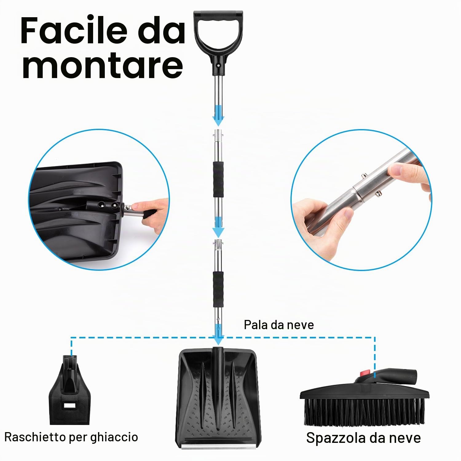 LESOLEIL Pala da neve per vialetto auto, kit 3 in 1 pala da neve portatile con raschietto per ghiaccio e spazzola da neve, rimozione del ghiaccio da neve, per giardino, campeggio, auto e emergenza