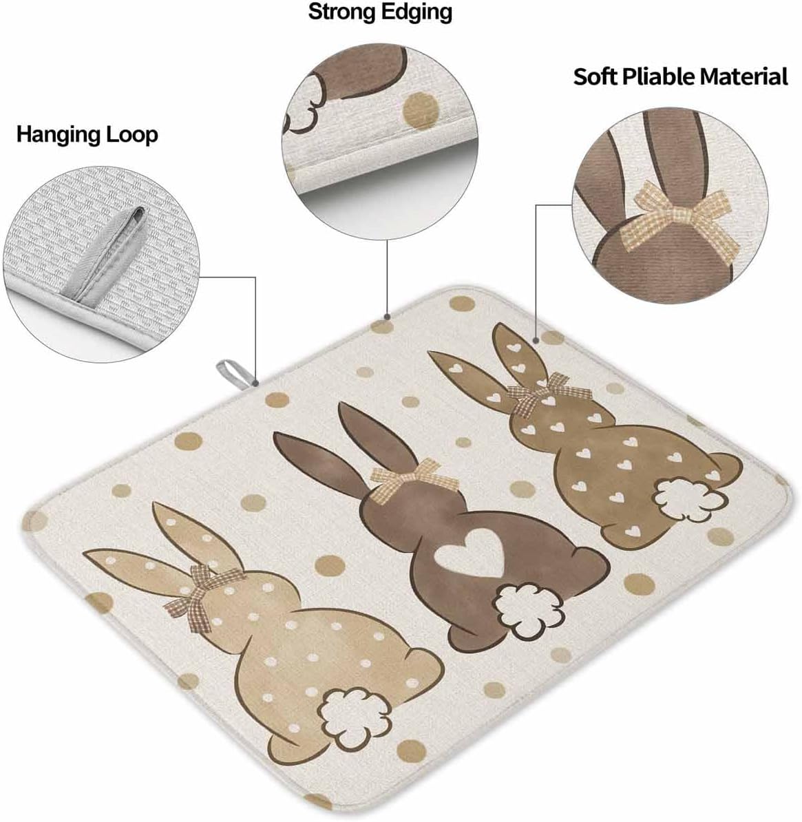 Easter Bunny Bow Drying Mats for Kitchen Counter 2 Pcs, Khaki Polka Dot Microfiber Absorbent Dish Drainer/Rack Mat,Reversible Hangding Quick Drying kitchen Decor,16x18 Machine Washable