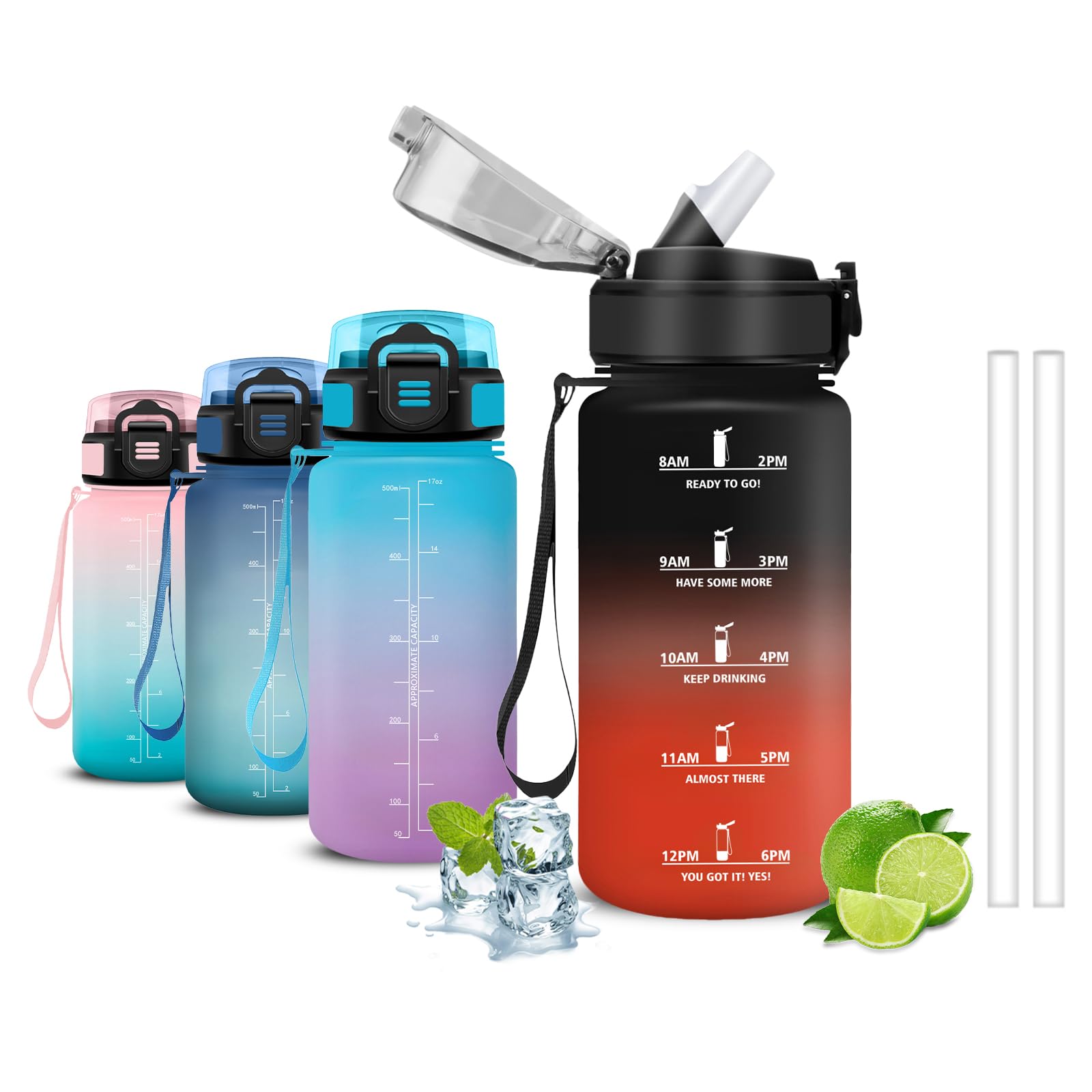 Mujigaga 500ml Kids Water Bottle with Straw Leakless Motivational Easy Clean Motivational Slogan Water Bottles for School Cycling Swimming