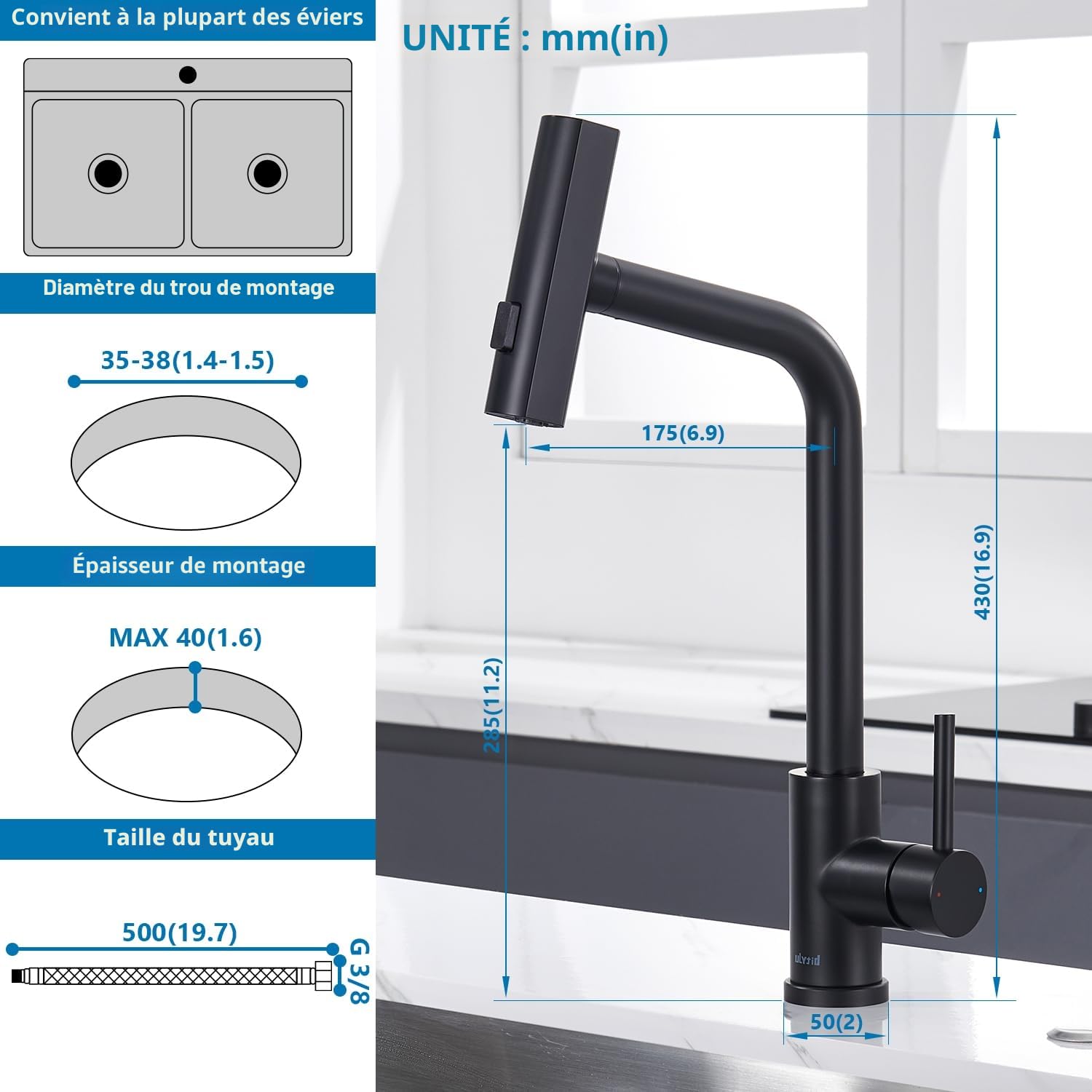 Mitigeur Cuisine Noir Cascade, Douchette Extractible 3 Modes, Robinetterie Evier Escamotable Rotatif 360° Acier Inoxydable
