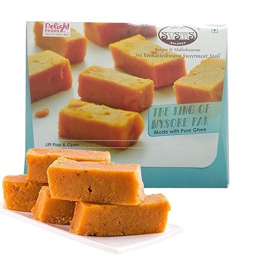 Delight Foods Original Balepete Pure Ghee Mysore Pak 400g + Greeting Card + 2 Artisan Diyas | Authentic & Fresh | Indian Sweets | Gift Pack (Diwali)